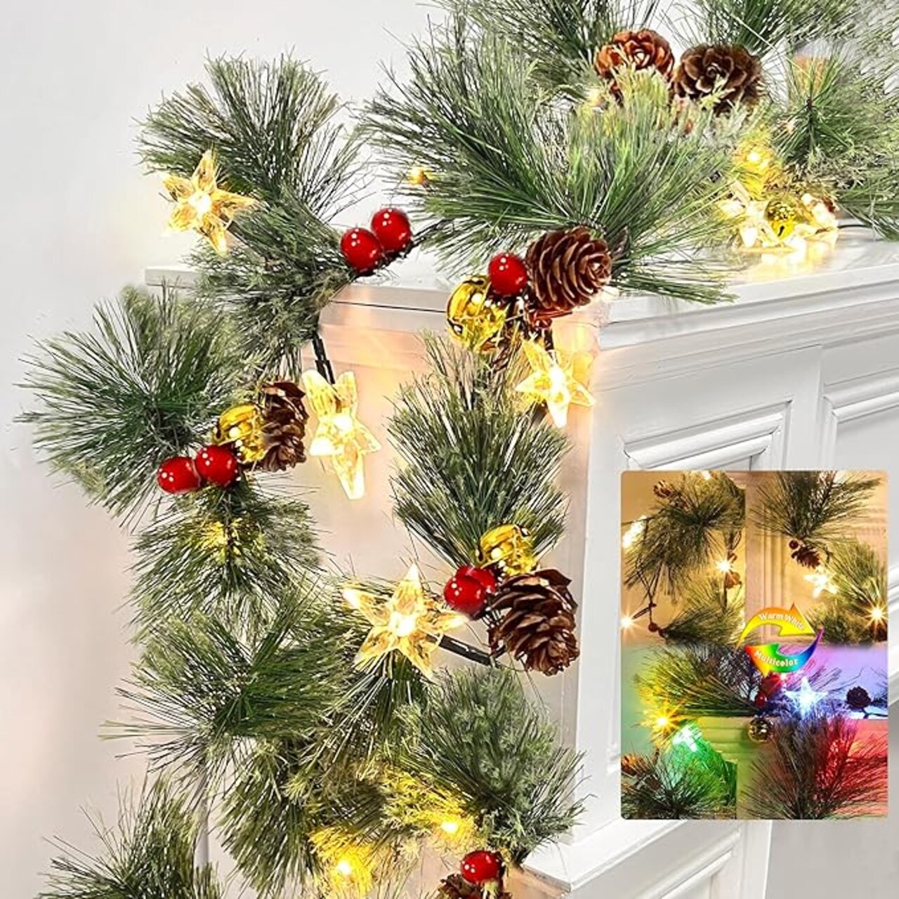 Garland with Lights Timer 8 Mode, Prelit Natural Rustic Cedar Pine Garland with Warm White & Colorful Lights Pine Cones Berry Bell for Mantle Fireplace Stairs
